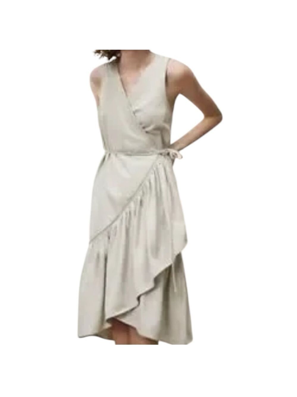 Zara Wrap Dress Sz M Tan Asymmetrical Ruffle Sleeveless Cotton Neutral Festival